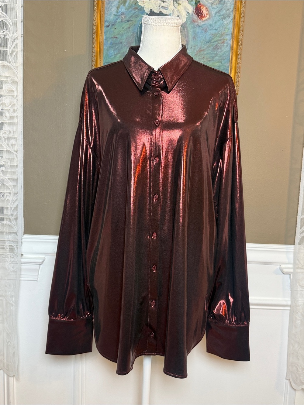 Anthropologie Gillian Liquid Shine Metallic Burgundy Button Down Shirt XL